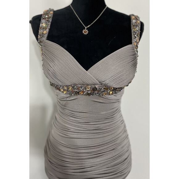 Cache Women Gray Ruche Sweetheart Neckline beaded Bodycon Dress Sz 2 Cocktail - Picture 4 of 15